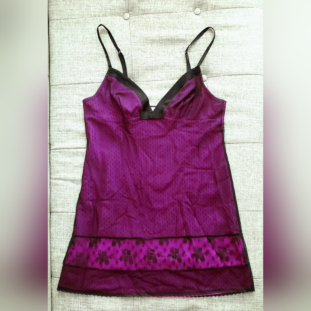 VALENTINE French lingerie Fuschia violet black lace slip night gown NEW